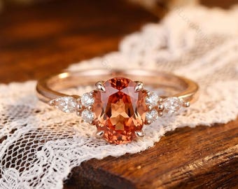 Oval Citrine Engagement Ring Rose Gold Honey Citrine Ring Cluster Diamond Vintage Style Orange Stone Anniversary Gift November Birthstone