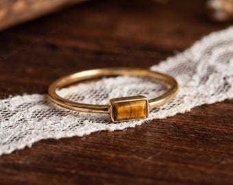 Natural Tiger's Eye Ring, Minimalist Baguette Gemstone Ring for Her, Dainty Gold Stacking Ring, Delicate Brown Stone Jewelry, Birthday Gift