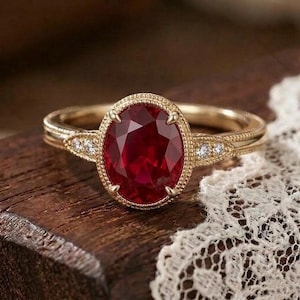 May include: A gold ring featuring an oval, deep red gemstone. The ring has a detailed, textured band and small accent stones on either side of the main stone. The ring is set against a wooden surface and a white lace fabric.