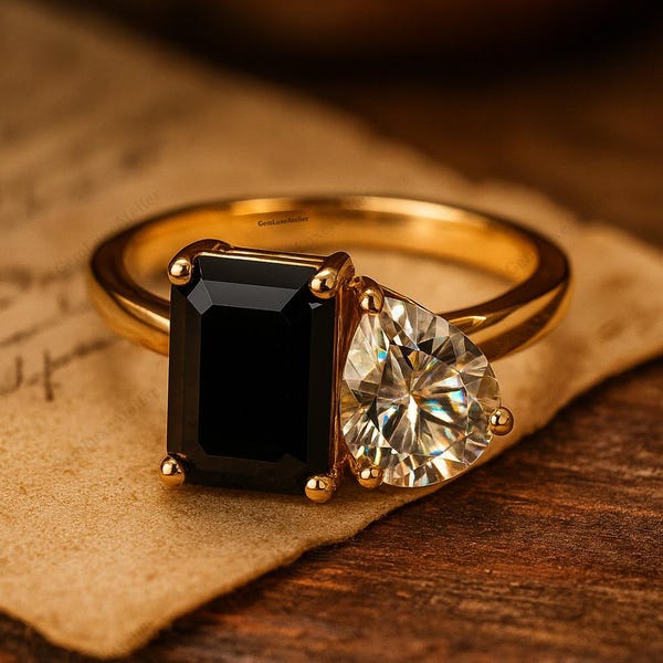 Delicate Black Onyx and Moissanite Toi et Moi Engagement Ring, Dainty Gold Anniversary Band, Emerald Cut & Pear Cut Gemstone Christmas Ring