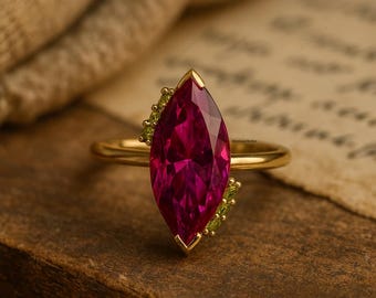 Markiezin ruby verlovingsring, gouden delicate griffende ring met zijstenen, vintage stijl ruby ring, uniek jubileumcadeau voor vrouw