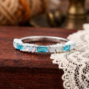Blue Topaz and Opal Ring, Baguette Topaz Wedding Band, Dainty White Opal Stacking Ring for Women, December Birthstone Gift, Silver Band