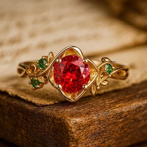 May include: A gold ring featuring a large, round, red gemstone at the center, surrounded by a decorative gold setting. The ring has small green gemstones and leaf-like details on the band. The ring is displayed on a wooden surface.