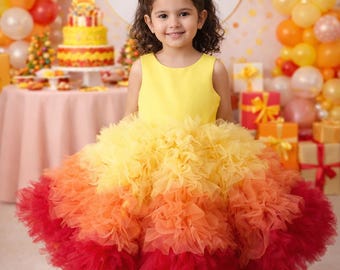 Vestido de tul amarillo degradado, traje de fiesta para niña con mangas abullonadas, pastel de cumpleaños hecho a mano