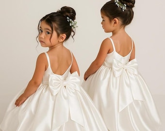 Abito da damigella d'onore in raso bianco, abito da principessa con fiocco grande, per bambine e bambine