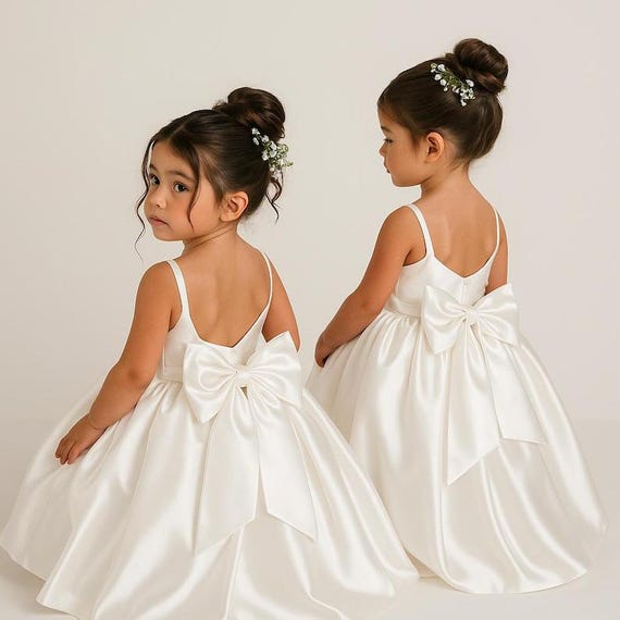White Satin Flower Girl Dress, Big Bow Princess Gown, Toddler & Girls
