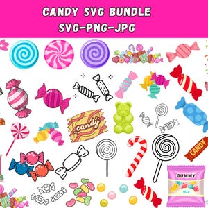 May include: A vibrant assortment of candy illustrations, such as lollipops, wrapped sweets, and a gummy bear. The image includes the text "CANDY SVG BUNDLE" and "SVG-PNG-JPG" at the top, and the word "CANDY" on a wrapper.