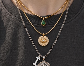Collana a strati F1 Brad Pitt, ciondolo verde, medaglione occhio, ciondolo croce (oro e argento)