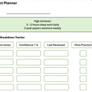 Könnte beinhalten: Eine Vorlage für einen Themenplaner mit dem Titel "Subject Planner" oben. Der Planer enthält Abschnitte für das Thema, einen Abschnitt "High Achiever" mit Lernzielen und einen "Subject Breakdown Tracker" mit Feldern für Themen, Selbstvertrauen, Überprüfung und Übung.