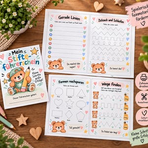 May include: A set of educational worksheets for children featuring a bear character, including a cover titled Mein Stifteführerschein and pages with tracing exercises for straight lines, zigzags, loops, shapes, and paths, decorated with colourful hearts.