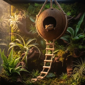 Op de afbeelding: Een terrarium met weelderig groen en een gekko die uit een kokosnootschil huis kijkt. Een kleine houten ladder leidt naar de kokosnoot, die aan een touw is opgehangen. De behuizing is gevuld met diverse planten en mos.