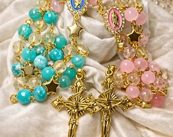 Handmade Our Lady of Guadalupe Rosary - Pink, Turquoise, and Gold Star