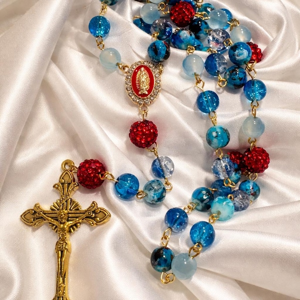 Red Blue Divine Mercy Chaplet | St. Faustina Catholic Rosary Beads