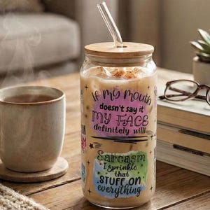 Vaso para café helado / Regalo divertido para un compañero de trabajo / Vaso "Si mi boca no lo dice" / Vaso con tapa de bambú y pajita / Regalo para una mamá atrevida
