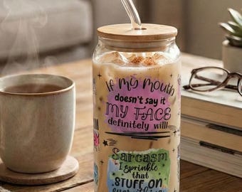 Vaso para café helado / Regalo divertido para un compañero de trabajo / Vaso "Si mi boca no lo dice" / Vaso con tapa de bambú y pajita / Regalo para una mamá atrevida
