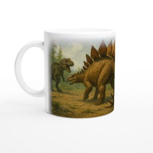 Puede incluir: Taza de cerámica blanca con una ilustración detallada de dos dinosaurios, un Tyrannosaurus Rex y un Estegosaurio, en un paisaje prehistórico. Los dinosaurios están representados en tonos marrones y verdes, sobre un fondo de árboles y un cielo nublado.