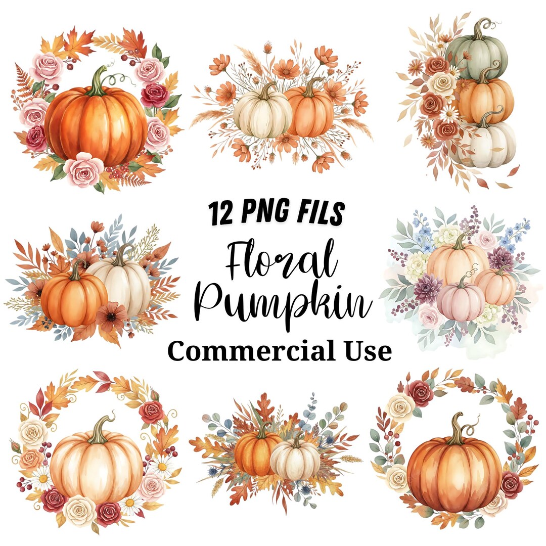 Watercolor Pumpkin & Flower Clipart, Autumn Bouquet PNG, Rustic Fall ...