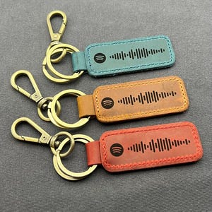 以下が含まれることがあります： ティール、ブラウン、レッドの3つの革製キーホルダー。それぞれゴールドカラーの留め金とSpotifyコードのデザインが施されています。キーホルダーは長方形で、黒いSpotifyロゴが付いています。