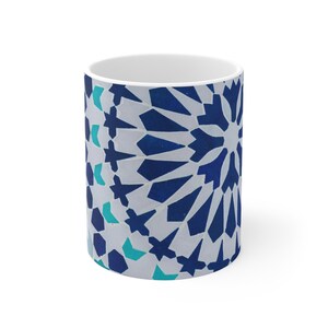 Blue Geometric Mosaic Mug | Moroccan Tile Pattern, Navy Teal Ceramic
