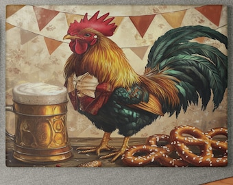 Rooster Oktoberfest Glass Cutting Board | Beer Mug, Pretzels Kitchen Décor