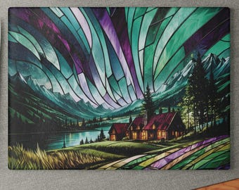 Stained Glass Northern Lights cabin Glass Cutting Board | Aurora Borealis kitchen décor