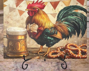 Rooster Country Tavern Theme Glass Board | Beer Mug, Pretzels Kitchen Décor