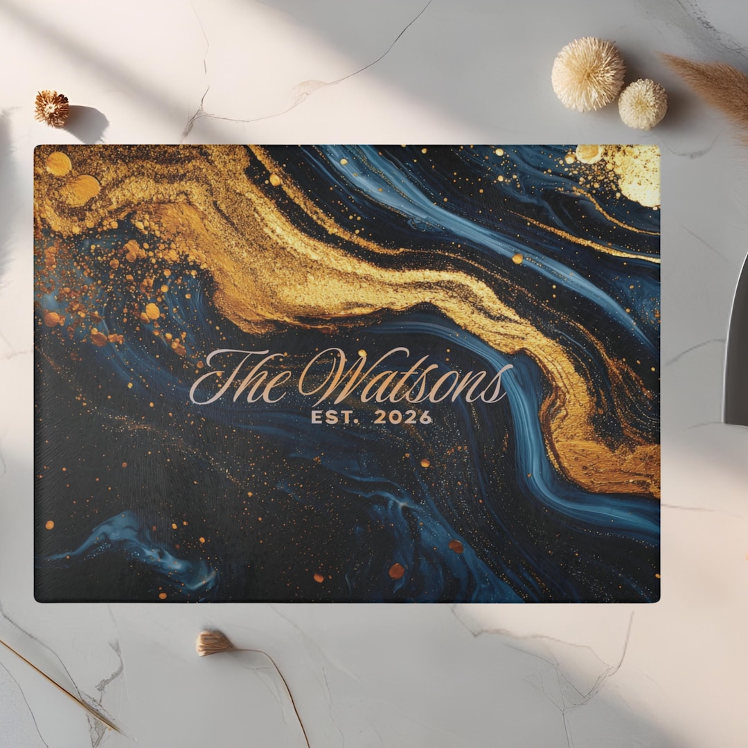 Personalized Gold & Blue Marble Glass Cutting Board | Monogram or Custom Kitchen Decor - 8" x 11"