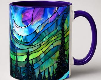 Aurora Borealis Coffee Mug, Stained Glass Forest Cup, Cozy Winter Tea drinkware, Northern Lights Gift