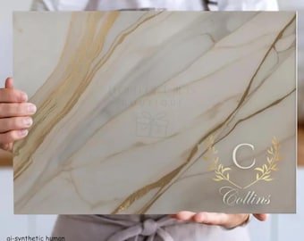 Marble Custom Monogram Glass Cutting Board | Personalized Gold Leaf, Elegant Kitchen Decor