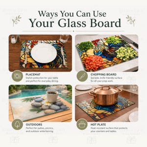 May include: A rectangular glass board featuring a stained-glass rooster design and a separate stone-themed design. The image displays four usage examples: as a placemat, a chopping board with diced vegetables, an outdoor surface, and a hot plate.