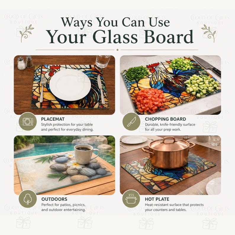 May include: A rectangular glass board featuring a stained-glass rooster design and a separate stone-themed design. The image displays four usage examples: as a placemat, a chopping board with diced vegetables, an outdoor surface, and a hot plate.