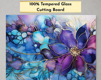 Purple Floral Stained Glass Effect Design Cutting Board | Decorative Kitchen Countertop, Unique Gifts