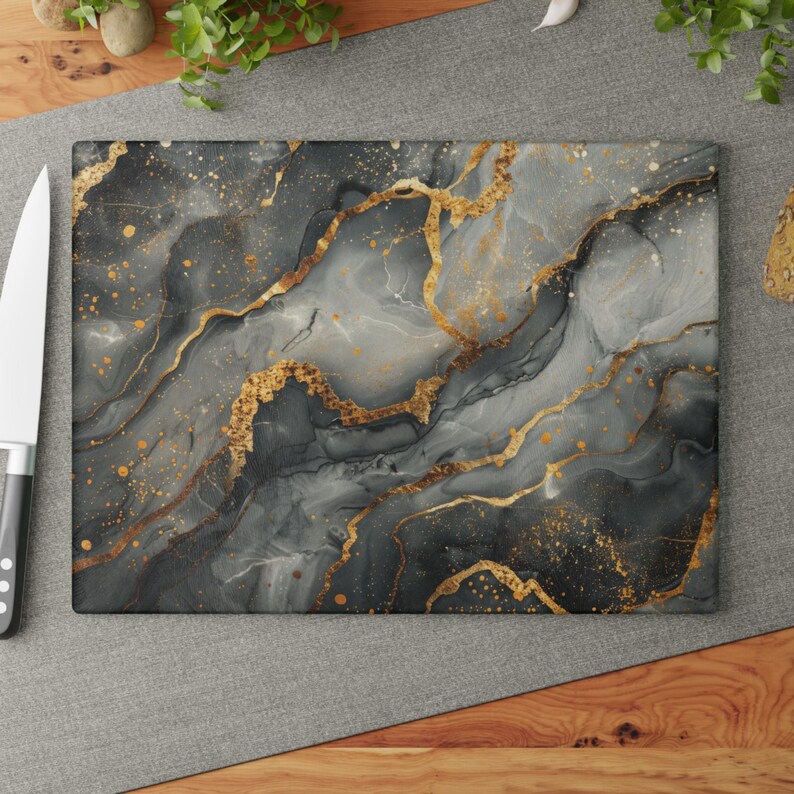 Personalized Black & Gold Marble Glass Board | Kitchen Contemporary Decor image 2