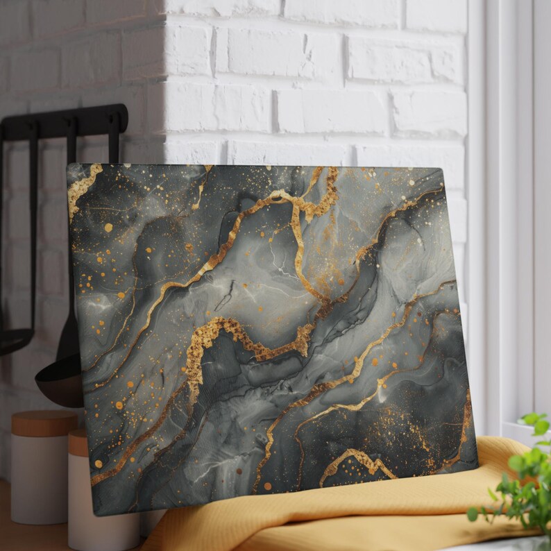 Personalized Black & Gold Marble Glass Board | Kitchen Contemporary Decor image 6