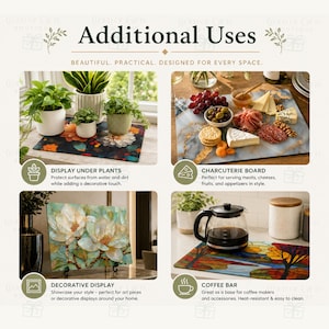 May include: A rectangular glass board shown in four different settings: under potted plants, as a charcuterie board with meats and cheeses, as a decorative art display, and as a base for a coffee pot. The text reads Additional Uses.