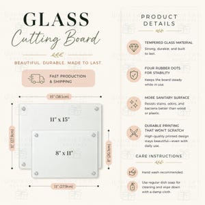 May include: Two rectangular tempered glass cutting boards in sizes 11 inches by 15 inches and 8 inches by 11 inches. The image includes product details listing tempered glass material, four rubber stability dots, sanitary surface, and scratch-resistant printing.