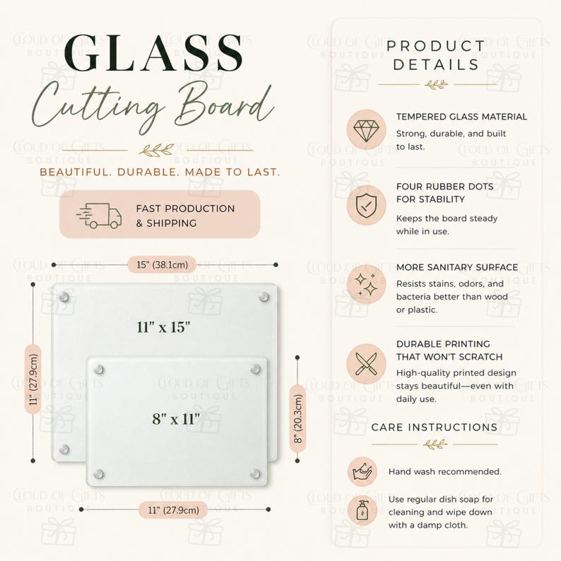 May include: Two rectangular tempered glass cutting boards in sizes 11 inches by 15 inches and 8 inches by 11 inches. The image includes product details listing tempered glass material, four rubber stability dots, sanitary surface, and scratch-resistant printing.