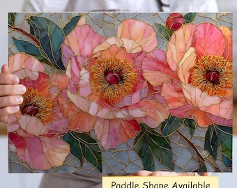 Pink Peony Mosaic Glass Cutting Board | Floral Kitchen Decor