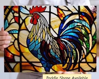 Stained Glass Rooster Glass Cutting Board | Colorful Farmhouse Kitchen Decor