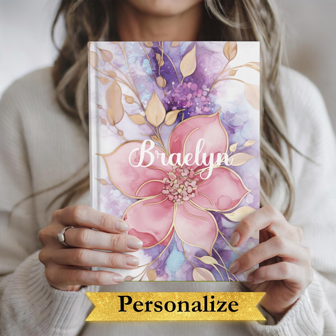 Pink Watercolor Floral Hardcover Journal | Gold Leaves, Purple ...