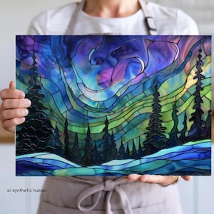 May include: A rectangular stained glass panel featuring a nighttime forest landscape with dark silhouettes of evergreen trees against a vibrant sky of swirling blue, purple, and green hues, mimicking the appearance of the aurora borealis.