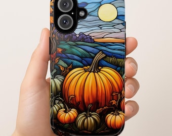 Funda para teléfono con diseño de vidriera de calabaza otoñal: diseño vibrante de otoño, protección duradera.