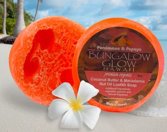 Jabón de lufa de caqui y papaya, hecho en Hawái, con manteca de coco