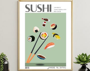 Poster di sushi - poster digitale - cibo giapponese minimalista - decorazione da parete per cucina - arte murale digitale di sushi