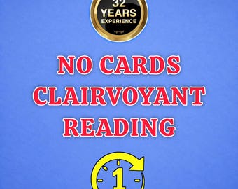 May include: A blue graphic featuring a gold circular badge with the text 32 YEARS EXPERIENCE. Below this, the red text reads NO CARDS CLAIRVOYANT READING. At the bottom, a yellow circular clock icon displays the text 1 HOUR in the center.