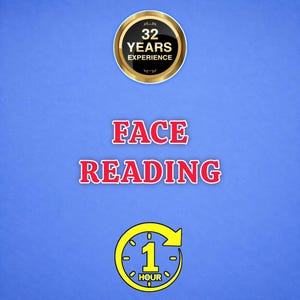 May include: A blue graphic featuring a gold-rimmed circular badge with the text 32 YEARS EXPERIENCE. Below this, the words FACE READING are printed in red with white outlines. At the bottom, a yellow circular icon displays the text 1 HOUR.