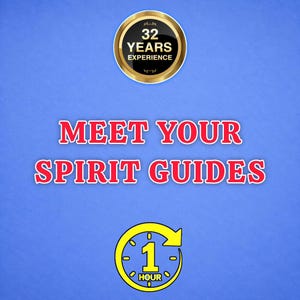 Può includere: Una grafica blu con un cerchio nero bordato d'oro che riporta il testo 32 YEARS EXPERIENCE. Sotto, il testo rosso recita MEET YOUR SPIRIT GUIDES. In basso, un'icona circolare gialla con una freccia contiene il testo 1 HOUR.