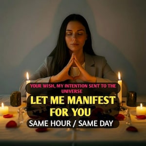 Puede incluir: Una mujer con las manos juntas en oración está centrada frente a una mesa con velas y pétalos de rosa. El texto en la mesa dice "LET ME MANIFEST FOR YOU SAME HOUR / SAME DAY". Encima del texto está "YOUR WISH, MY INTENTION SENT TO THE UNIVERSE".