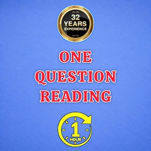 May include: A blue graphic featuring a gold-rimmed black circular badge with the text 32 YEARS EXPERIENCE. Below this, the red text reads ONE QUESTION READING. At the bottom, a yellow circular clock icon contains the text 1 HOUR.