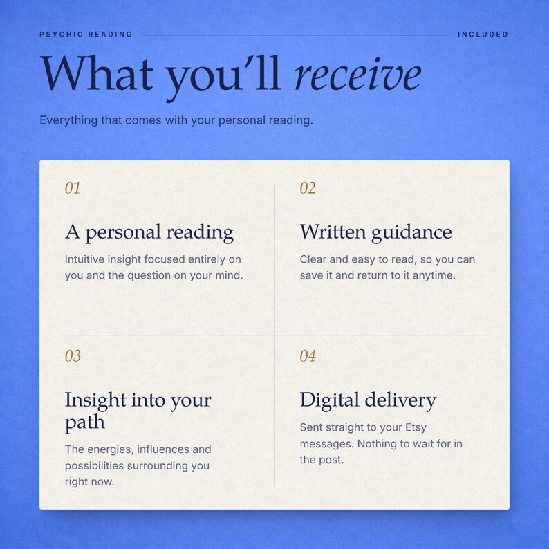 May include: A blue informational graphic titled What you'll receive, detailing a psychic reading service. It lists four points: 01 A personal reading, 02 Written guidance, 03 Insight into your path, and 04 Digital delivery, each with a brief description.